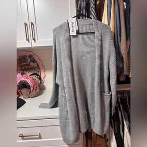 Gray Open-Front Ribbed Cardigan Sweater